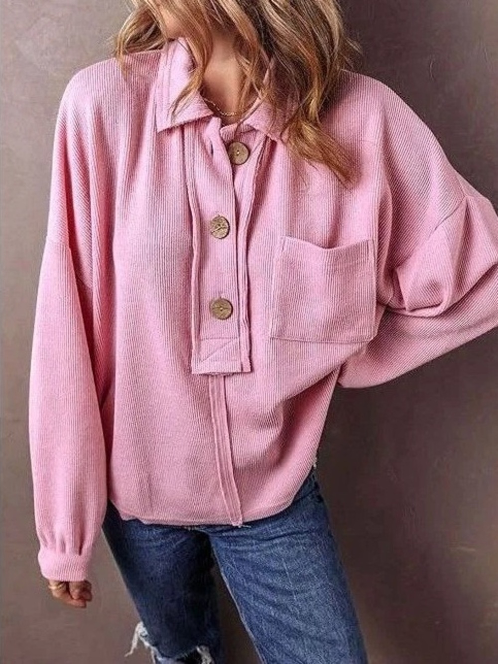🌸 Blu Pepper Pink Ribbed-Knit Button Pullover with Front Pockets